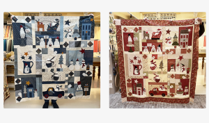 Laura Strating-Janssens gaf onlangs de 'Merry Merry Snowman' cursus in onze winkel. Zestien dames maakten de top van deze superleuke quilt van Bunny Hill. Gisteren en vandaag werden deze twee meegenomen naar onze winkel voor een rand en achterkant stoffen. Zijn ze niet superleuk? Op de blauwe ontbreken de houten neusjes en oogjes nog, omdat deze lastig kunnen zijn bij het doorquilten.