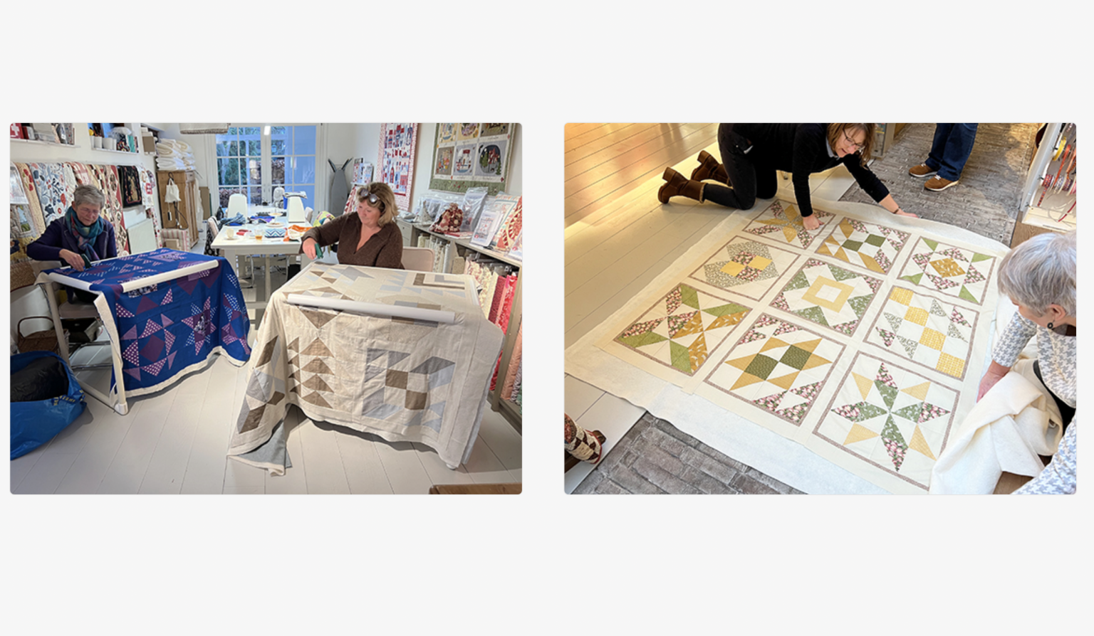 Vandaag sloot weer een groep de cursus Machinaal Patchen en Quilten van Wilma Bruins-Jorna af. In deze laatste les zijn de quilts 'gesandwicht' met het Q-snap frame en met de Bohin Microstitcher aan elkaar gezet. De rest van de dag werd besteed aan het doorquilten op de naaimachine. Wat een leuke quilts zijn het geworden!