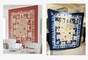 Christine deed bij ons de Cottage-Style Charm quiltcursus. Onder leiding van Ineke Vaillant maakten ze in zes lessen deze quilt. Christine heeft hem helemaal af en had hem mee naar de les. Heel mooi zo in het blauw in plaats van rood!