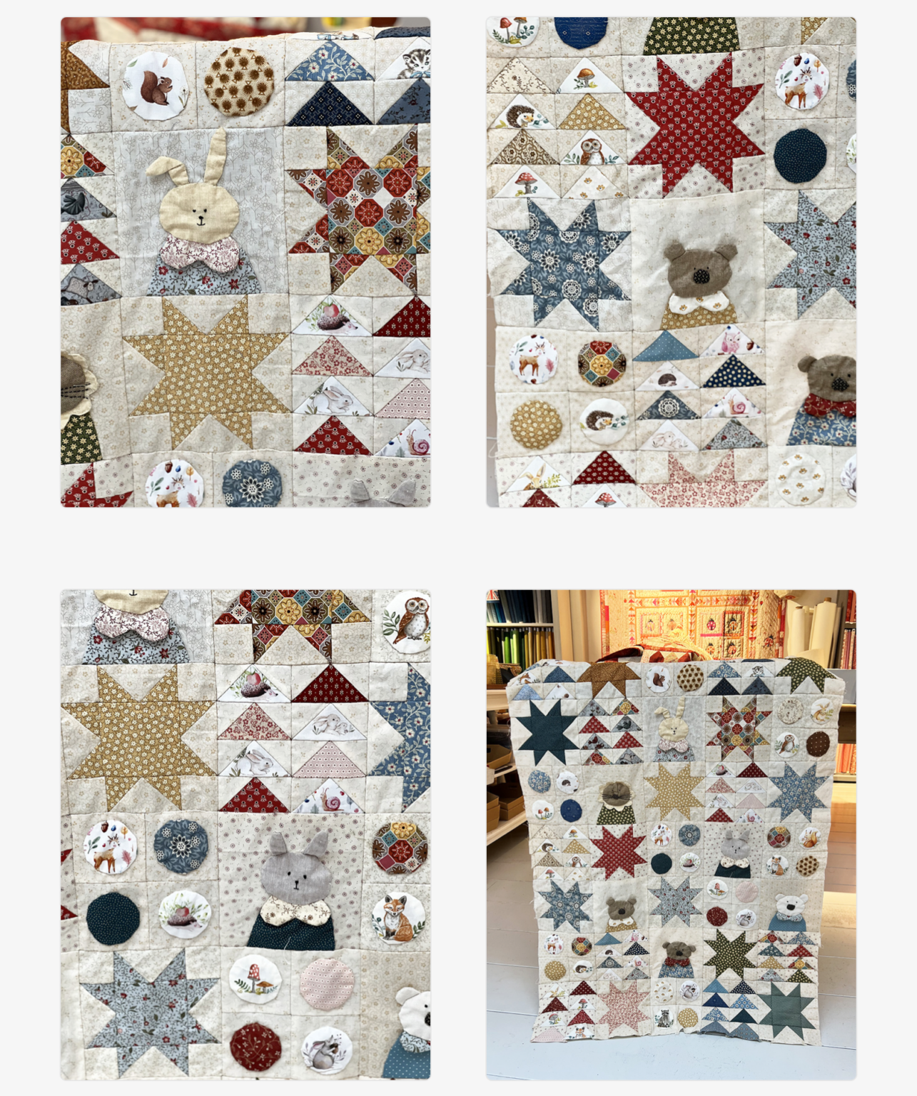 Van deze quilt wordt je iedere keer weer vrolijk! Het is de 'We are Family Quilt' van Susan Smith. Deze is gemaakt door Miriam. Kijk eens hoe leuk die oortjes die naar voren steken van de diverse diertjes. Daar kan geen kind vanaf blijven.... We hebben er een mooie achterkant bij uitgezocht en nu kan hij afgemaakt worden. Superleuk Miriam!