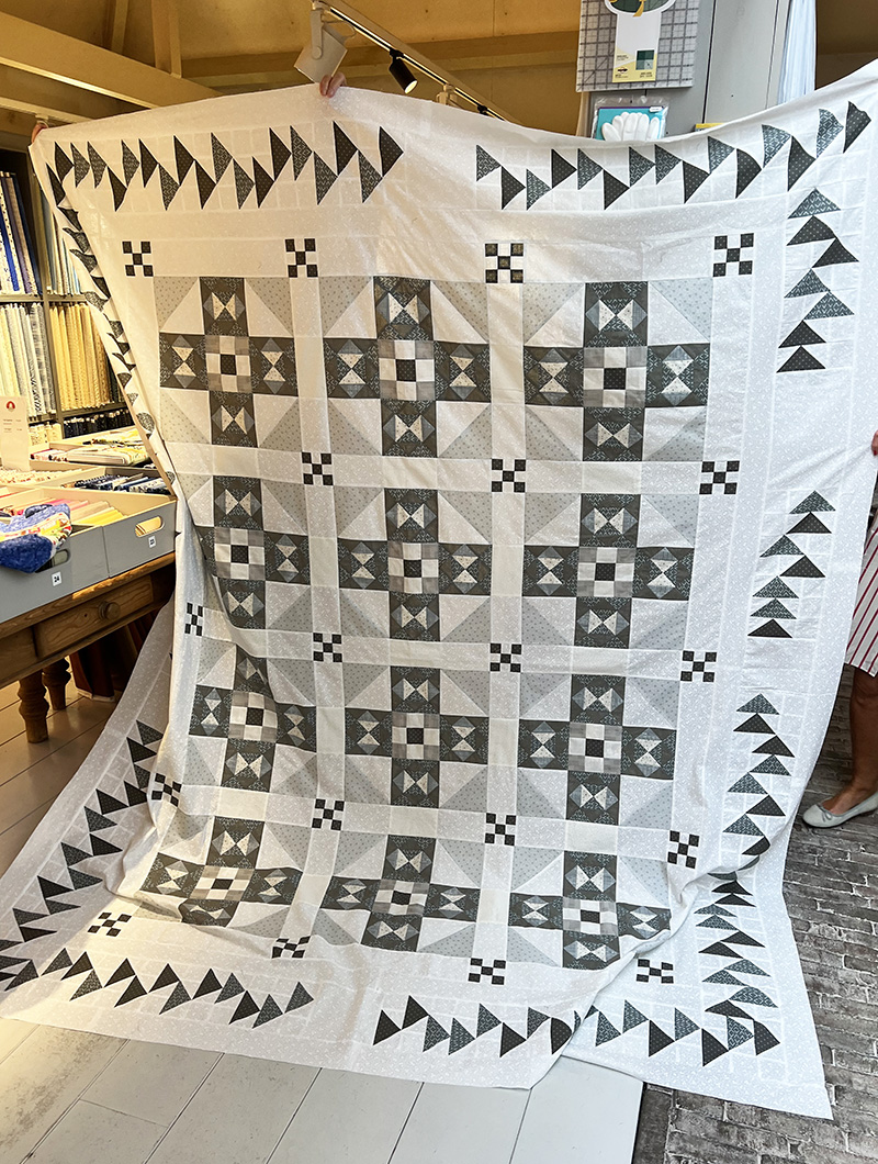 Els deed mee aan de 'Let's be Friends Sew Along 2023' van @Border Creek Station. Het was een Mystery Quilt. Els wist aleen dat ze een palet van grijze stoffen nodig had. Wat is dat mooi geworden! Let ook eens op de variatie van de Flying Geese rand! Echt heel speciaal....