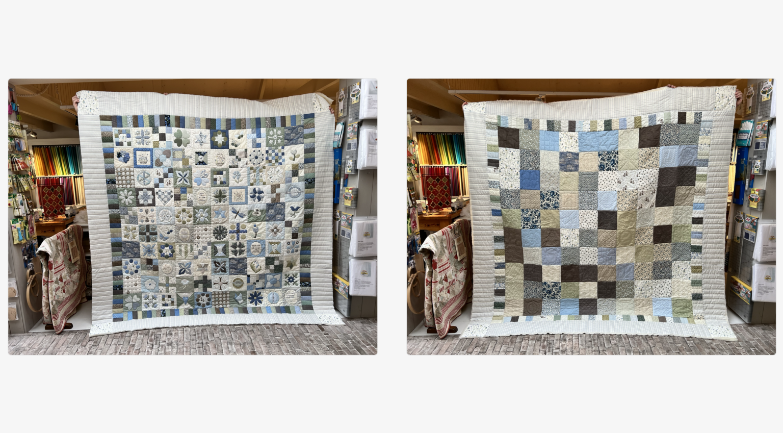 Beatrijs maakte deze superleuke sampler. Gewoon door blokken uit verschillende andere quilts met elkaar te combineren. Vandaag was hij klaar, op de binding na. Kijk ook eens wat een prachtige achterkant de quilt heeft!