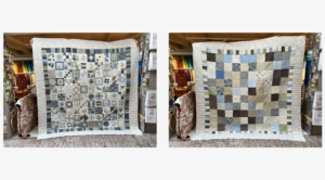 Beatrijs maakte deze superleuke sampler. Gewoon door blokken uit verschillende andere quilts met elkaar te combineren. Vandaag was hij klaar, op de binding na. Kijk ook eens wat een prachtige achterkant de quilt heeft!