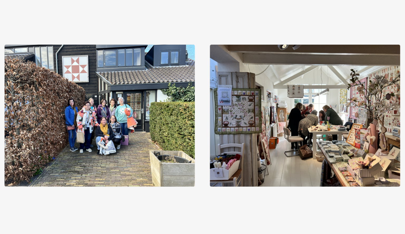 Wat een gezellige dag was het weer in de Quilt Studio. Laura Strating-Janssens gaf de hele dag les aan verschillende groepen. Er werd geconcentreerd gewerkt en veel gezamenlijk overlegd. Ook was er een groep dames uit Utah die gezellig kwam shoppen. Ze zijn 10 dagen in Nederland en bezoeken heel veel bezienswaardigheden. Daar horen quiltwinkels blijkbaar ook bij! Hele fijne tijd in 'The Netherlands' dames!