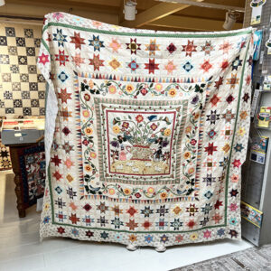 Marina had vanochtend haar Phebe quilt mee. Een patroon van Di Ford Hall. Wat een prachtige kleuren! We hebben er een mooie backing bij uitgezocht. Nu kan ze gaan doorquilten....