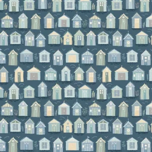 Makower Driftwood Beach Huts Blue 174 B Stof om te Quilten